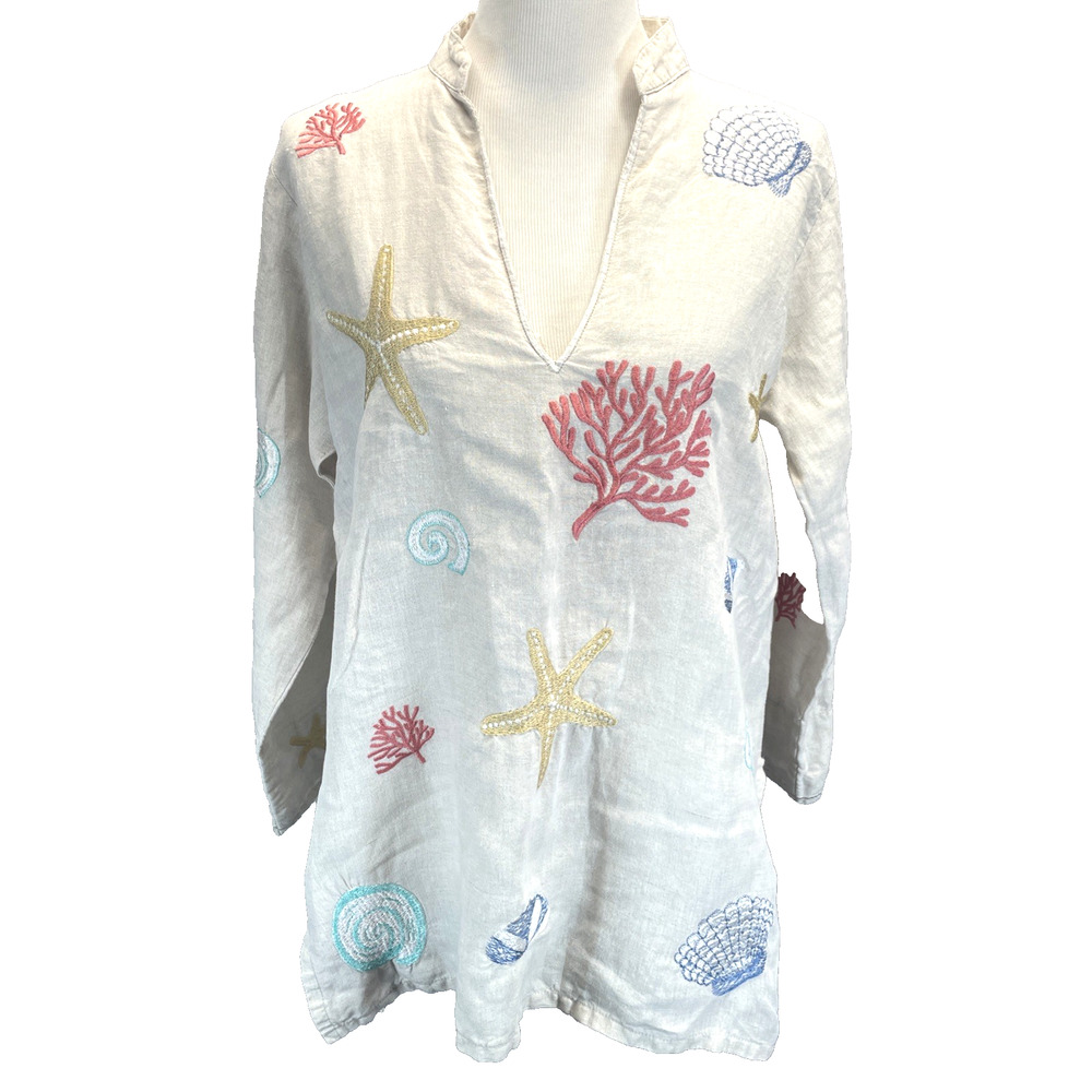 Barbara Gerwit Linen Tunic Top Womens M Seashell Starfish Embroidery Resort Wear